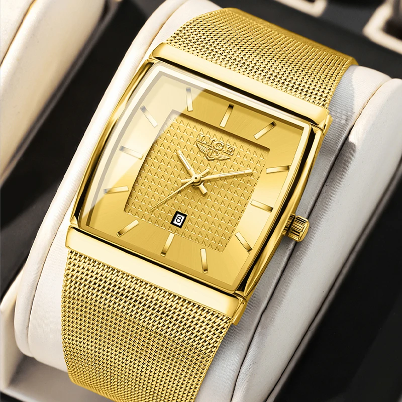 

Мужские часы LIGE Fashion, топовый бренд, роскошные квадратные золотые ультратонкие водонепроницаемые часы с сетчатым ремешком, спортивные кварцевые хронографы, Reloj Hombre.