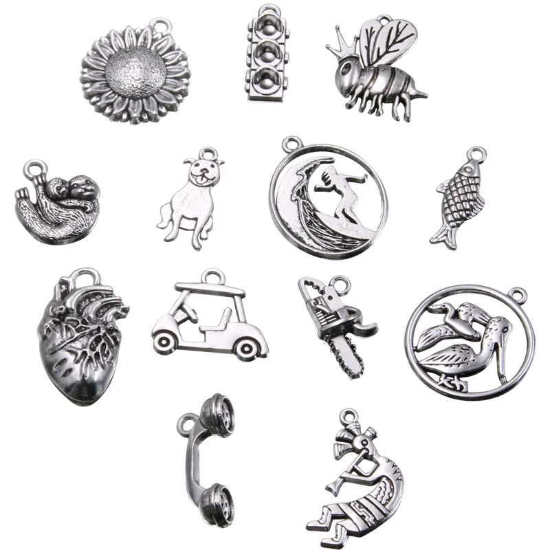 10PCS 13 Style Animals Plants Charms Fish Car Bee Pendant Jewelry Metal Alloy DIY Necklace Bracelet Earrings Handwork Marking