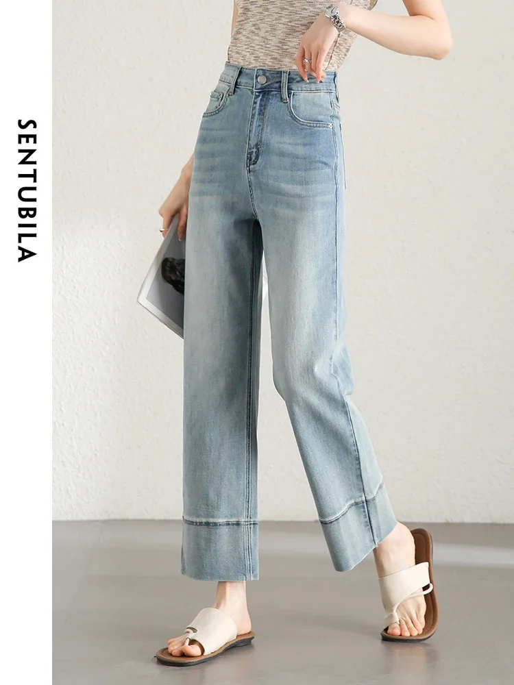 

SENTUBILA Straight Cotton Denim Pants Women 2024 Autumn Retro Letter Button Leather Label Washed Full Length Trouser W42N55614