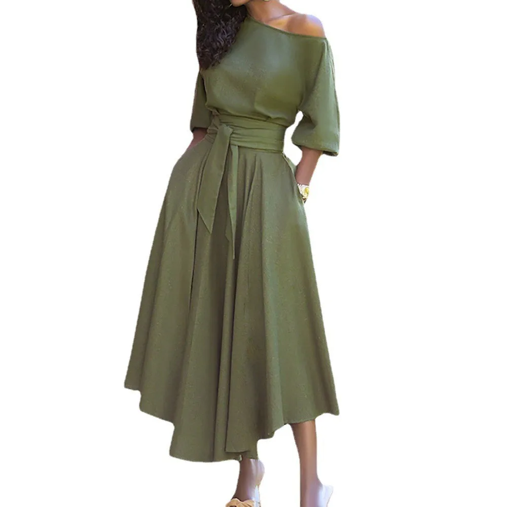 Single Loose Fit Maxi Length Dress with Commuter Chic Elegant and Refined Extra Full Skirt Three Quarter Sleeve Women Dress