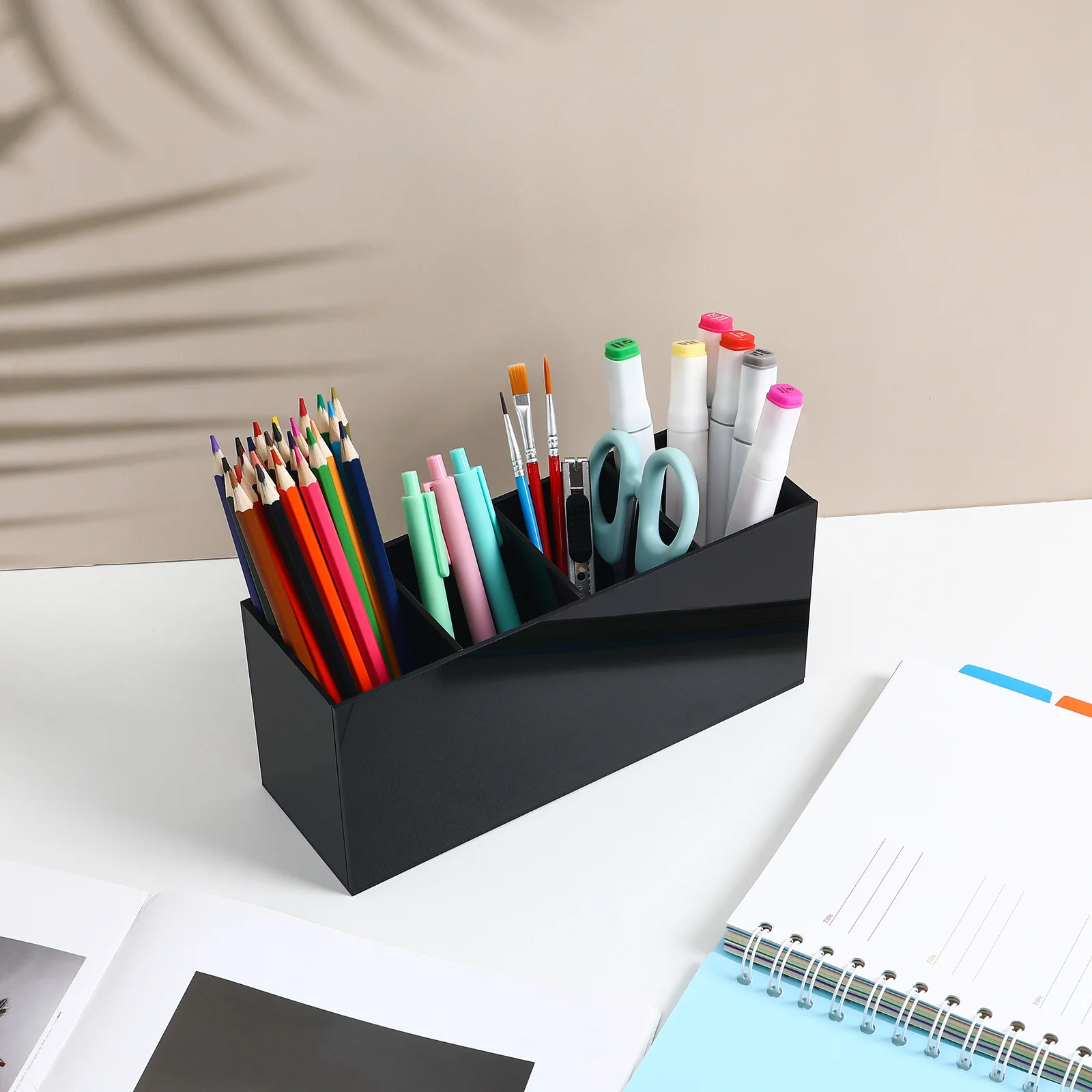 

Acrylic Pen Holder Desk Organizer Pencil Stationery Storage Makeup Brushes Office Accessory Compact Design Four Compartments