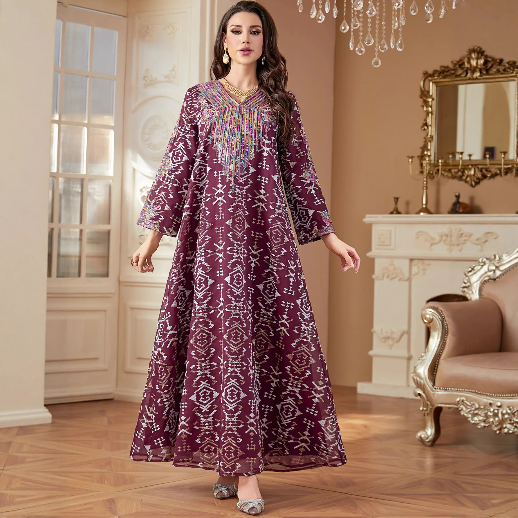 

4297 Arabic Robe, Embroidered Women's Long Dress, Dubai Abaya Women's Cord Embroidery Dress Ramadan Dubai Luxury Islam Elegant