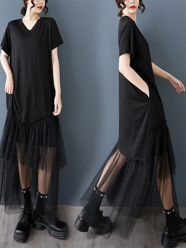 فستان نسائي صيفي 2025 بمقاسات كبيرة، فستان تي شيرت بتصميم شبكي يشبه القطعتين، فستان أسود فضفاض بأكمام قصيرة وياقة على شكل V #2