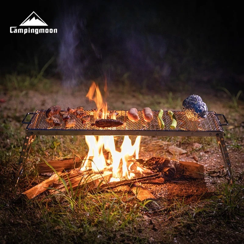 CAMPINGMOON MS-1019-W Thickened stainless steel extended windproof stove frame, rectangular grill mesh, grilled fish grill mesh