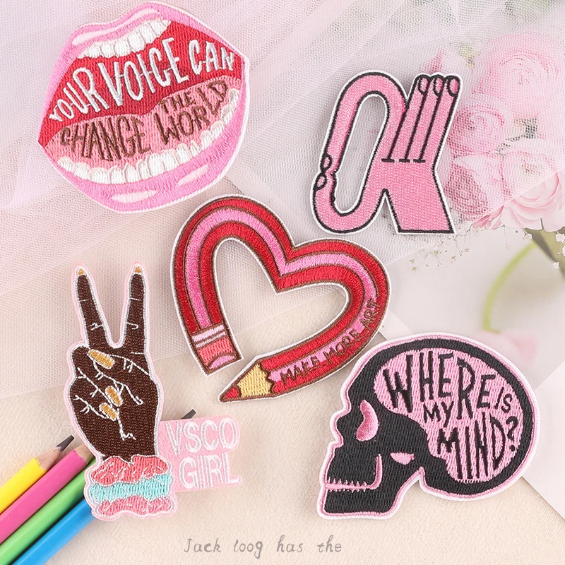 Iron On Patches Pink Girl Love Lip Embroidery DIY Mobile Phone Case Clothes Decoration Hot Melt Adhesive Sticker