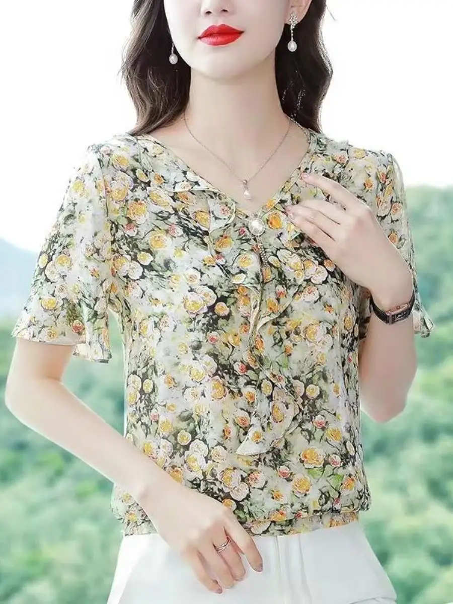 conjunto-feminino-elegante-de-duas-pecas-blusa-de-chiffon-estampada-estilo-verao-mint-wave-novo-lancamento-versatil-e-moderno