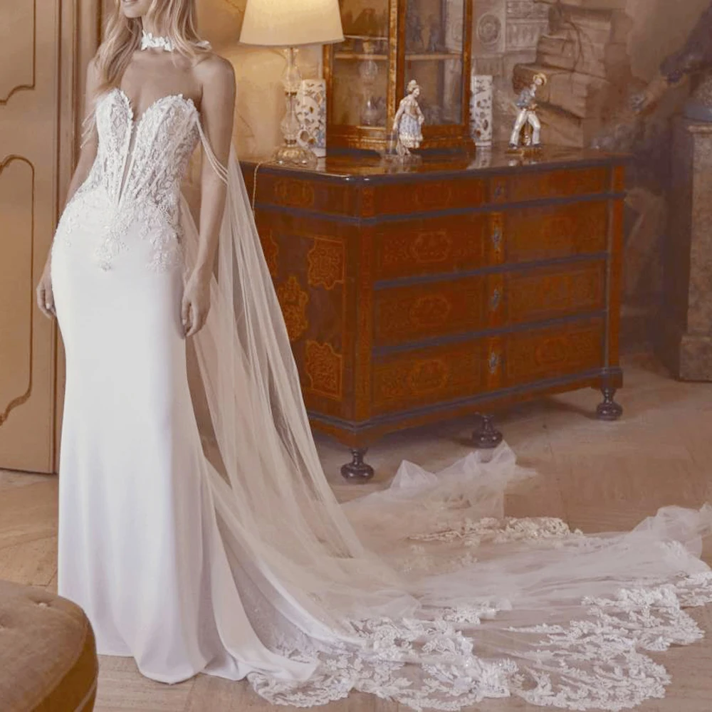 Customized Mermaid Wedding Dress with Cape Beading Strap Sweetheart Bridal Gown Satin Trumpet vestidos de novial with Lace