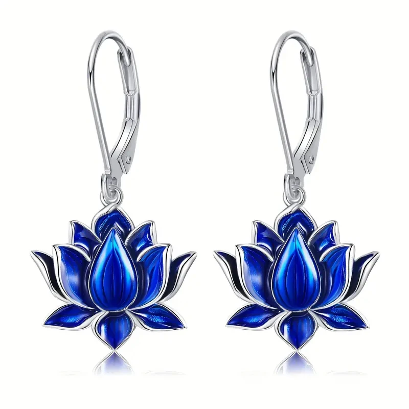 CAOSHI Blue Enamel Lotus Flower Drop Earrings Silver Tone Leverback Floral  Jewelry for Women Daily Dating Wedding Birthday Gift