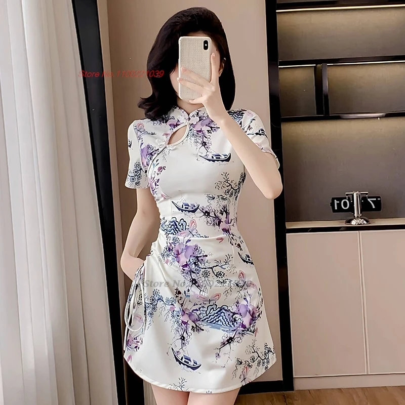 

2025 chinese sexy banquet nightclub dress qipao national flower print qipao dress+shorts set hotel spa work dress cheongsam