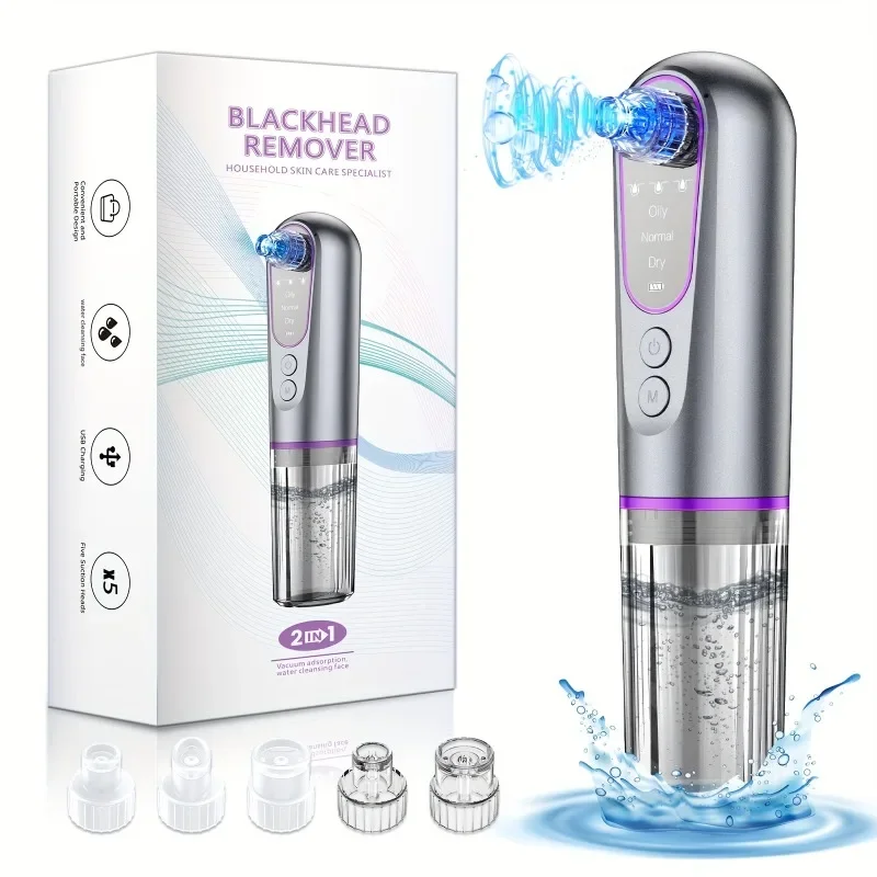 USB Rechargeable Electric Blackhead Remover Pore Cleanser with 4 Interchangeable Models, Water Circulation Facial Cleansing Tool