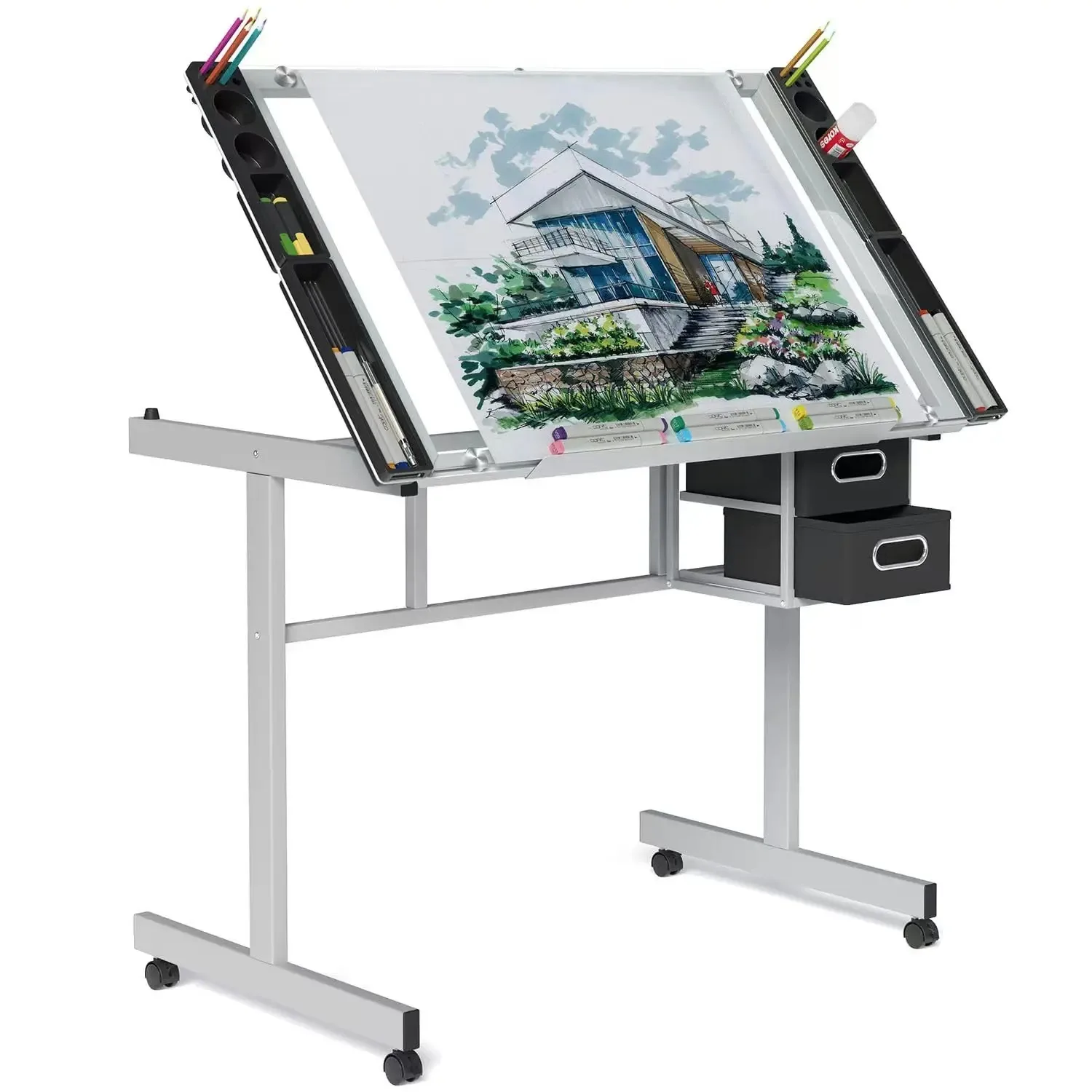 Adjustable Drafting Table with Glass Top, Art Craft Desk with Slide-Out Drawers, Rolling Wheels, Storage, for Drawing
