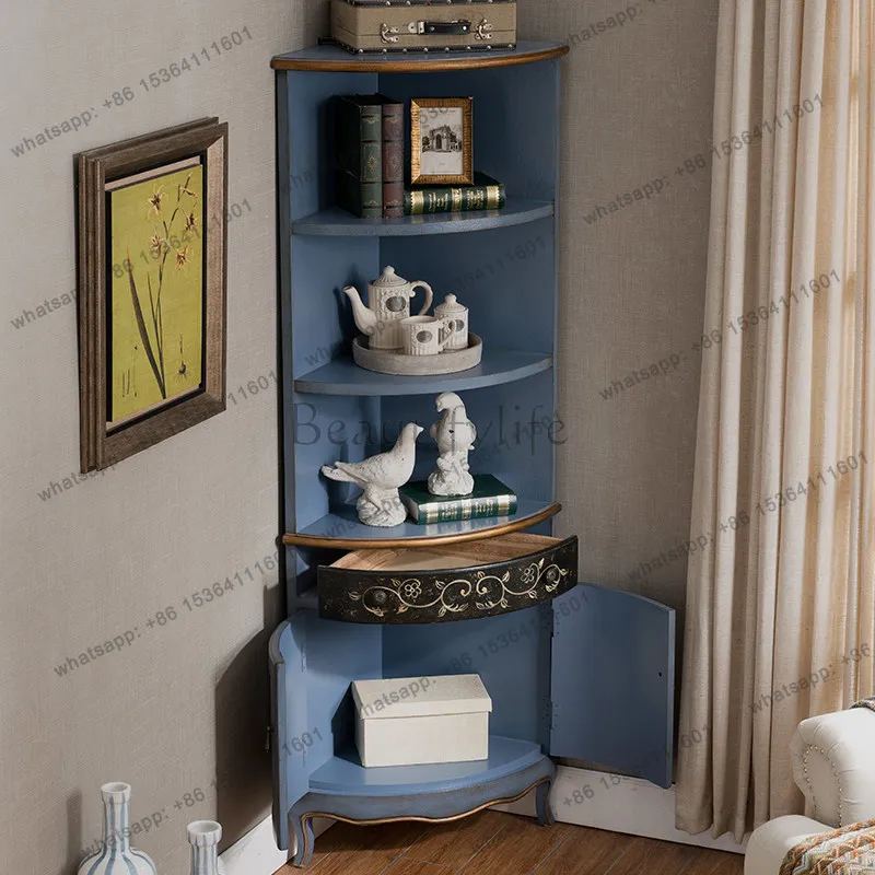 FG Painted Retro Solid Wood Triangular Cabinet Corner Living Room Decorative Shelf