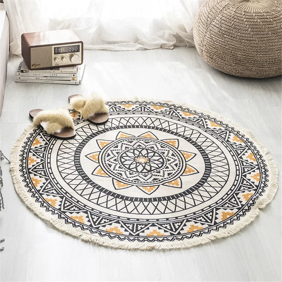 Nordic Morocco Round Carpet Bohemia Ethnic Tassel  Yellow Mandala Carpet Living Room Cotton Linen Big Rugs Modern Classic