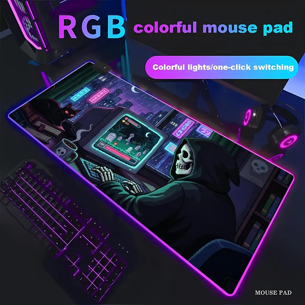 HYBXAXC Skeleton Gamer Pixel Art Desk Mat Gaming Mouse Pad Non-Slip RGB Gaming Pad HD Gamer Large LED Light XXL PC Computer