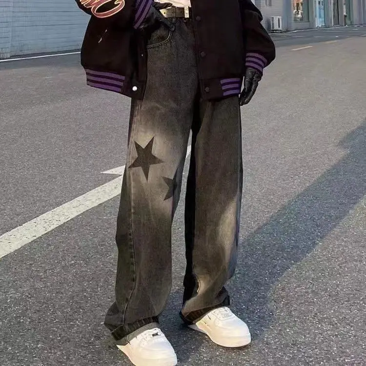 

Джинсы женские прямые с высокой талией, с принтом, из хлопка, без стрейча, для работы, осенние, модные