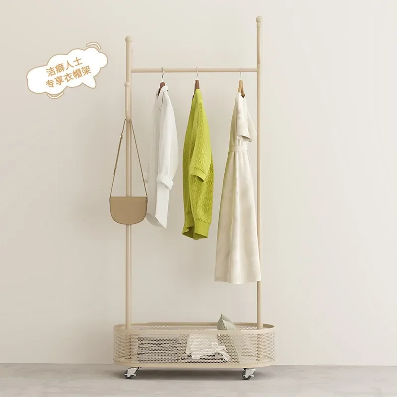 For Bedroom Wrought Iron Floor Coat Rack with Wheels Movable Clothes Hanger Stand with Dirty Laundry Basket Simple Storage