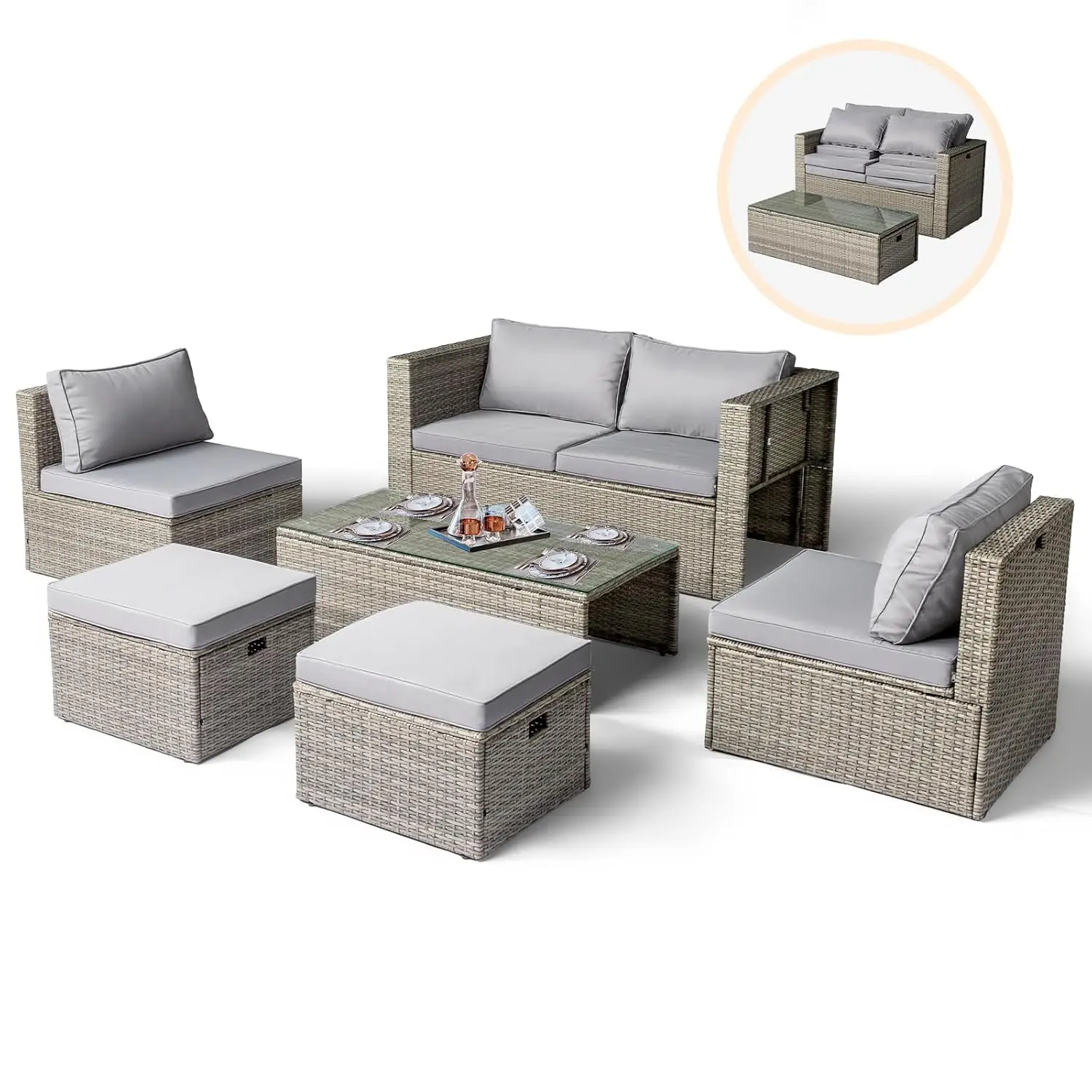 6 Pieces Wicker Patio Furniture Set, Outdoor Sectional Furniture Patio Conversation Set Space-Saving Design, Customized