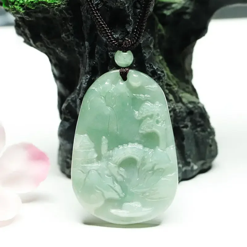 

Burmese Jade Landscape Pendant Necklace Necklaces Amulets Charms Energy Charm Amulet Man Jadeite Green Jewelry Natural Gemstone