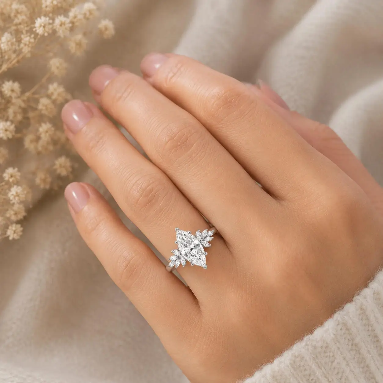Elegant Wing‑Style IGI 2 Carat Marquise Lab Grown Diamond Cluster Engagement Ring Platinum950 EF VS Bridal Anniversary Jewelry