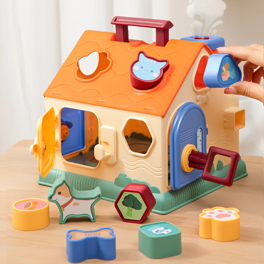 Shape Matching Toys, Color & Shape Matching Play Cabin, 9 Big Building Blocks, 2 Keys, Preschool Learning Shape Toys