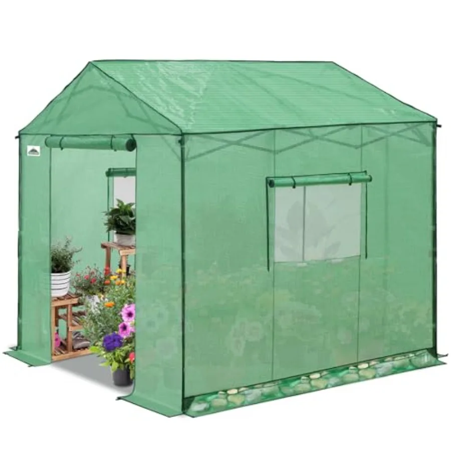 8x8 Portable Pop Up Greenhouse for outdoor gardening, green polyethylene fabric, patented center lock for easy one-person setup