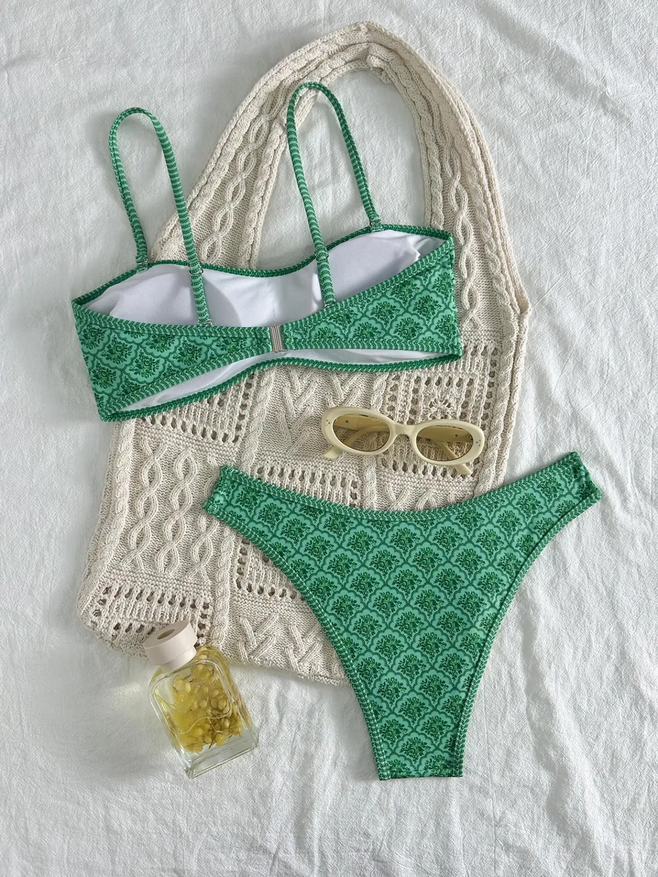 Cikini Two Pieces Print Paired With Flat Chest Bikini,Summer Beach Swimwear Bathing Suit For Women