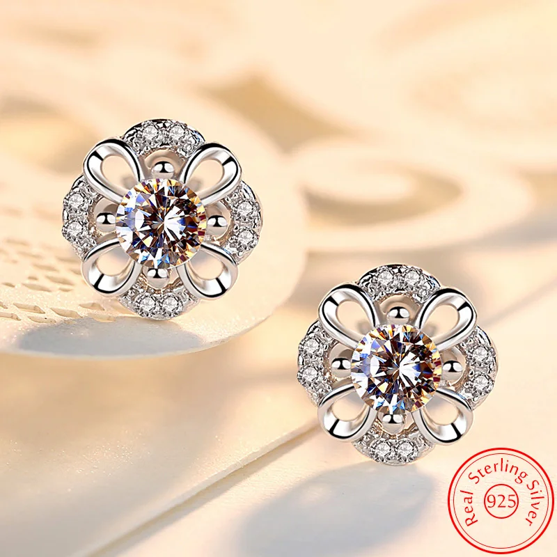 

Genuine 925 Sterling Silver Woman's New Jewelry Crystal Zircon Flower Stud Earrings Fashion XY0262