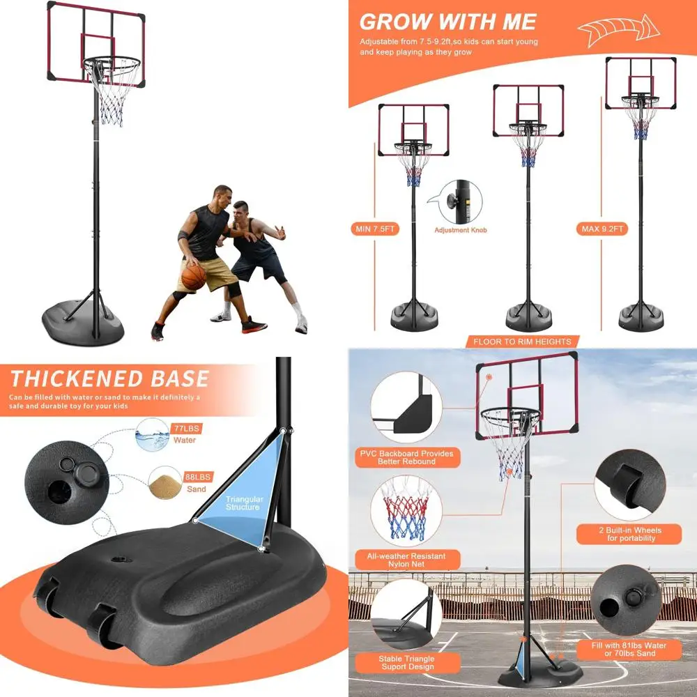 휴대용 7.5-9.2피트 높이 조절 가능한 농구 골대 시스템, 32인치 림 포함, 실내외 사용 가능, 가정 및 스포츠장에 적합