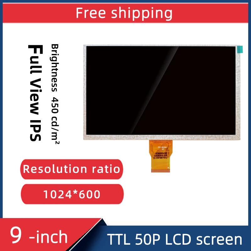 Pantalla LCD RGB 50P de 9 pulgadas para exteriores, pantalla de visualización de alta luminosidad, temperatura ancha, 1024x600, IPS450, SH090JGI50, SH090JGI60