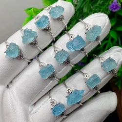 Natural Blue Aquamarine Crystal Adjustable Ring 925 Silver 18x13mm Clear Aquamarine Raw Material Beads Ring AAAAA