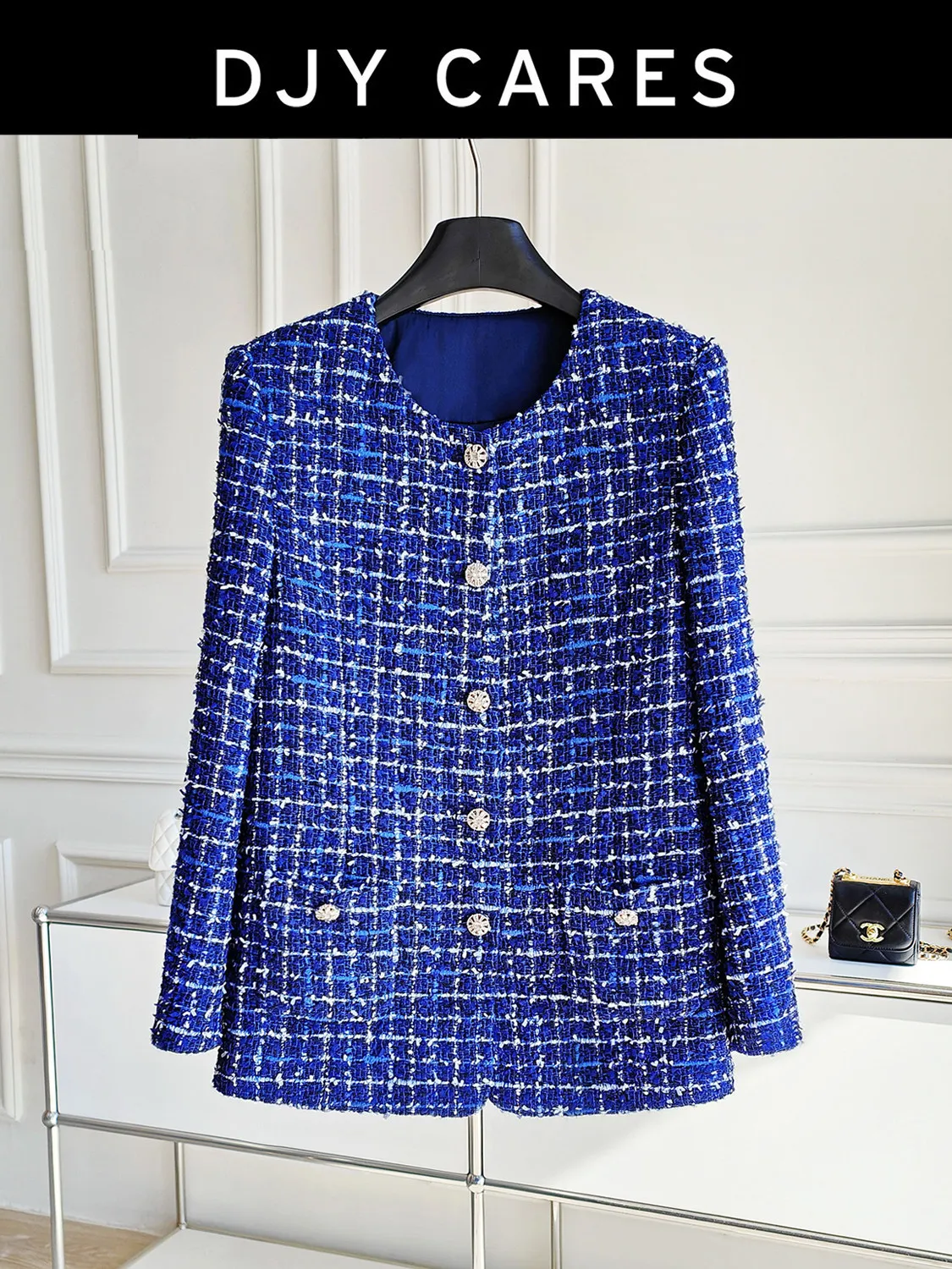 New  Blue plaid tweed jacket slimming half skirt set big  size
