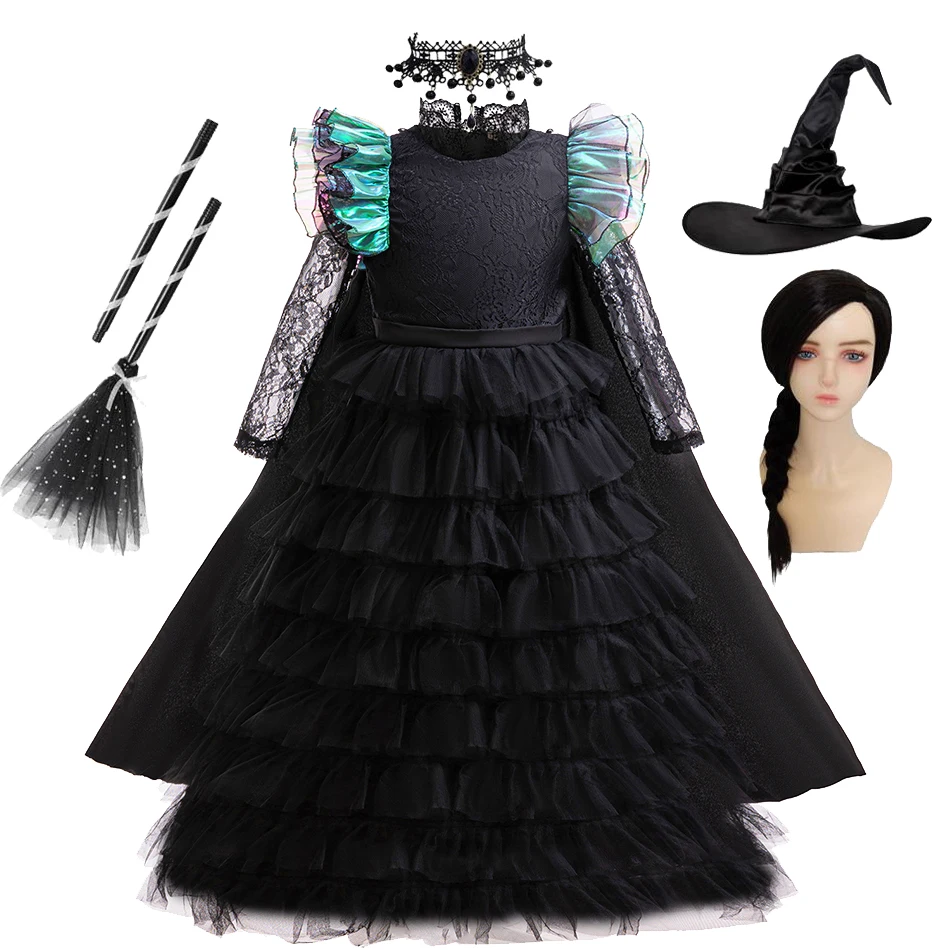 Kids Deluxe Witch Costume Dress with Full Accessories Lace Tulle Tiered Dress for Halloween Trick-or-Treating Stage Performance
