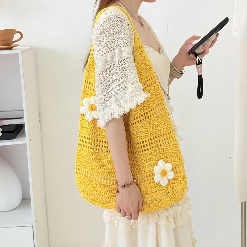 3D-Blumen-Hohlstrick-Umhängetasche, Koreanische Damen-Handtasche in Süßer, Niedlicher Einfarbiger Ausführung, für Pendeln und Freizeitreisen – Detail 9
