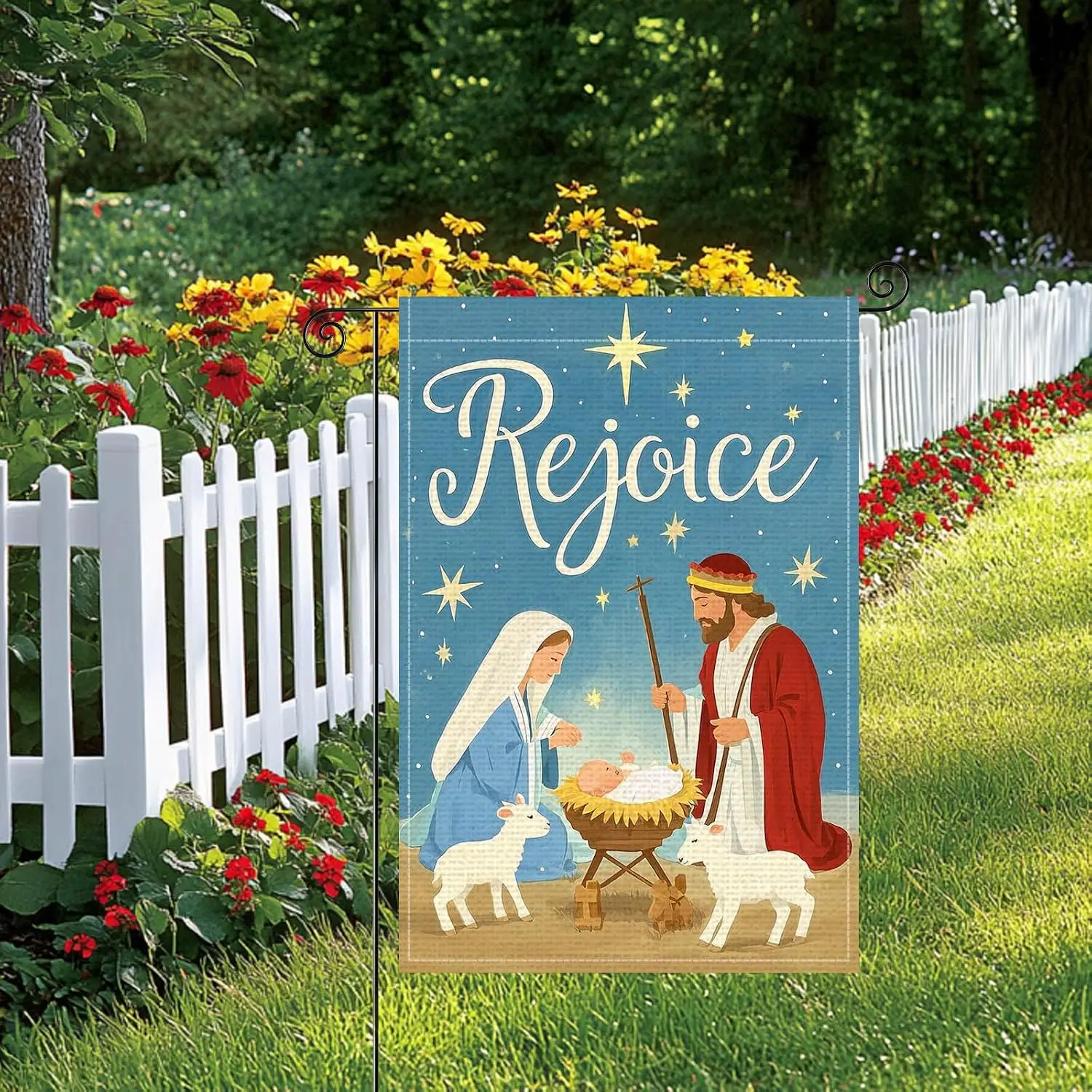 HOMETITUTE Christmas Rejoice Nativity Garden Flag 12x18 Inch | Burlap Christmas Outdoor Decor flag showing holy nativity art xxl