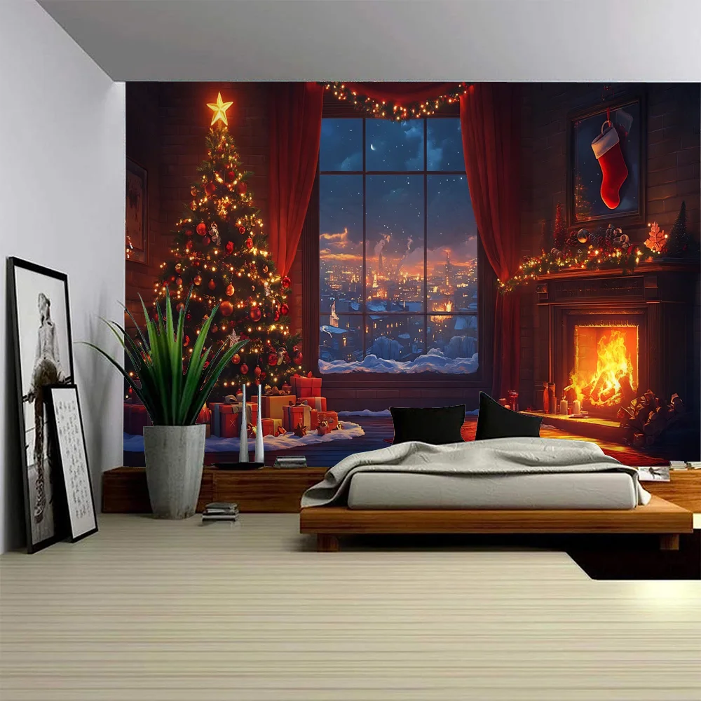 

Christmas tapestry wall hanging, winter night, snow scenery, moose, Santa Claus, fireplace blanket, gifts, home decoration