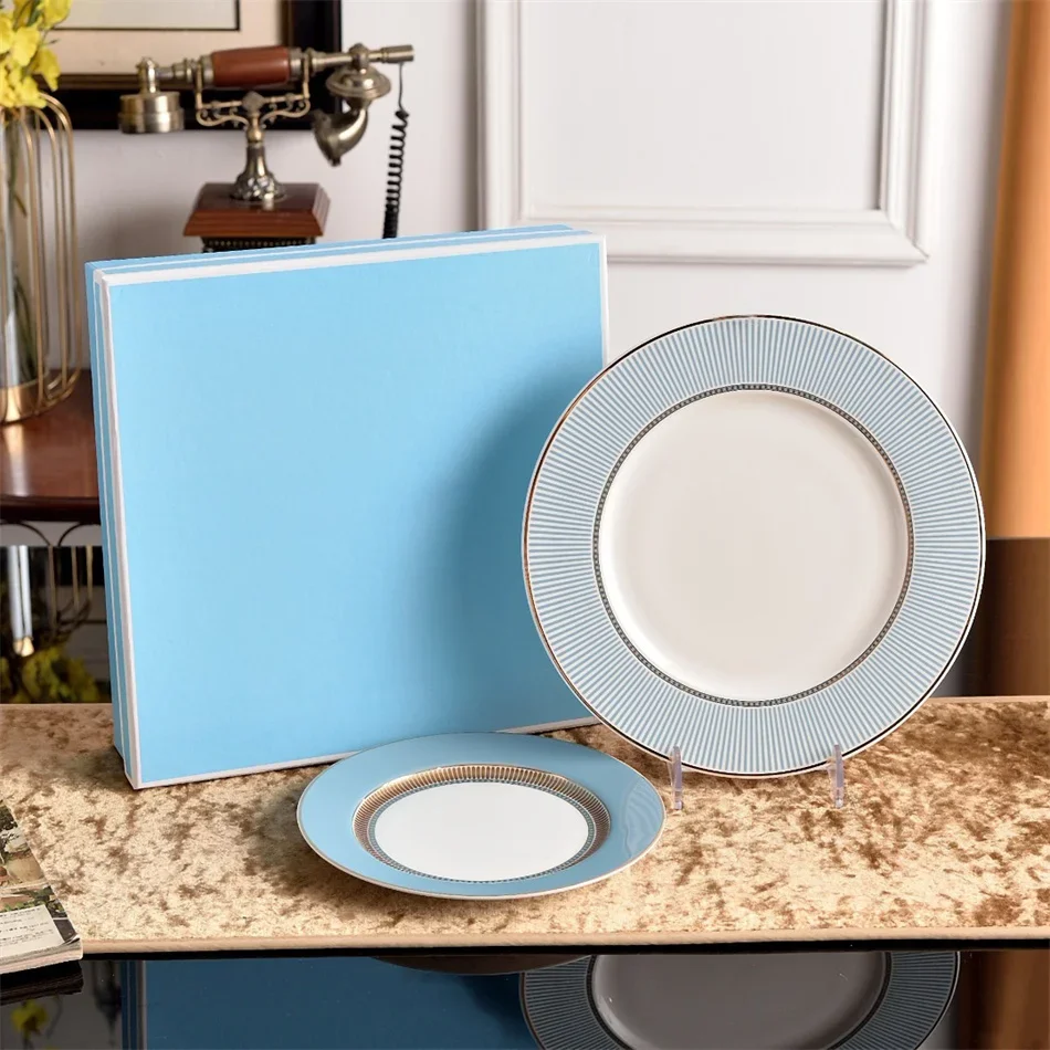 European Bone china Dinner Plates Household Bowls sets with Blue Stripes and Gold-painted Craft