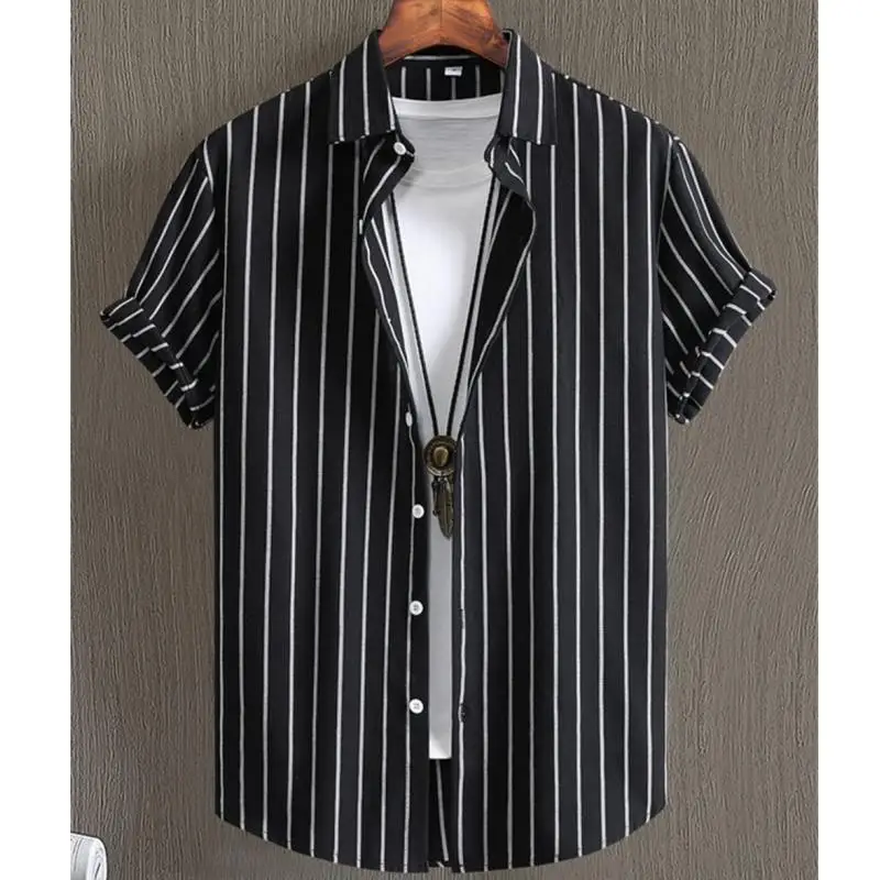 Hawaiian Shirts For Men 3d Stripe Print High-Quality Men'S Clothing Loose Oversized And Blooms Summer Casual Short Sleeve