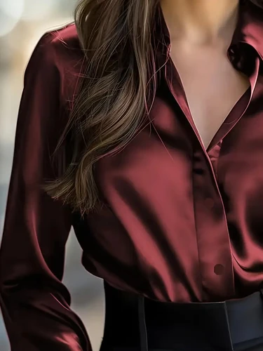 Imagen 2 del producto Blusa elegante de satén de manga larga para mujer, camisa con cuello abotonado, perfecta para uso informal o profesional