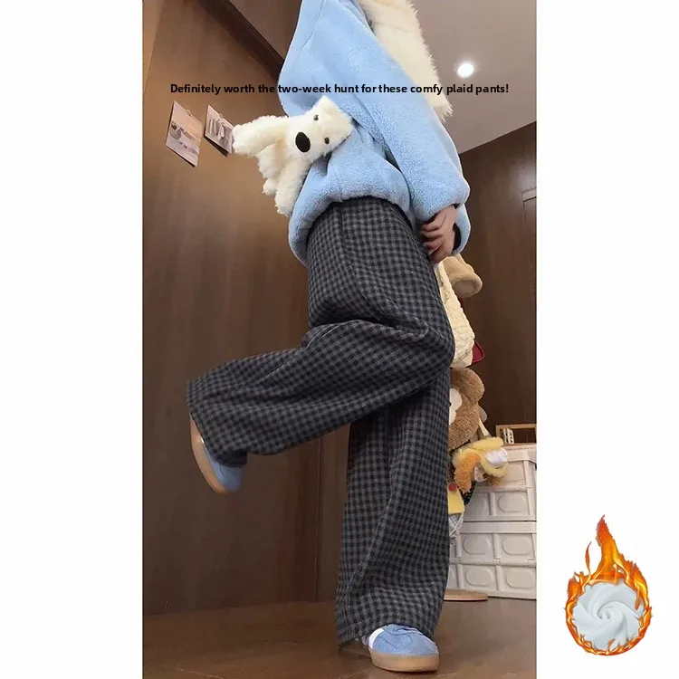 الرجعية ey منقوشة Thiened Fce المرأة مستقيم الساق سراويل تقليدية الخريف الشتاء جديد Sle عالية الخصر واسعة الساق الكورية Sle