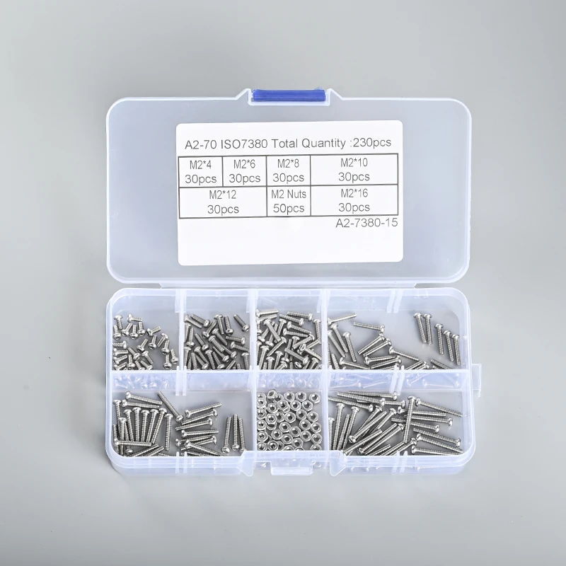 

230pcs M2 screws with nuts A2-70 ISO7380 Stainless steel 304 pan head hexagon socket screws and nuts combination set