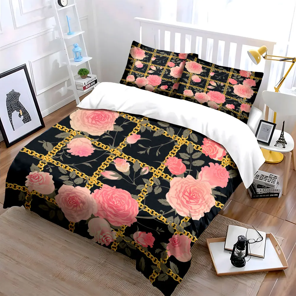 Pink roses with golden chains Duvet Cover Set with 3D Printing Design Soft Polyester Bedding Set All-Season Comfort for gifts