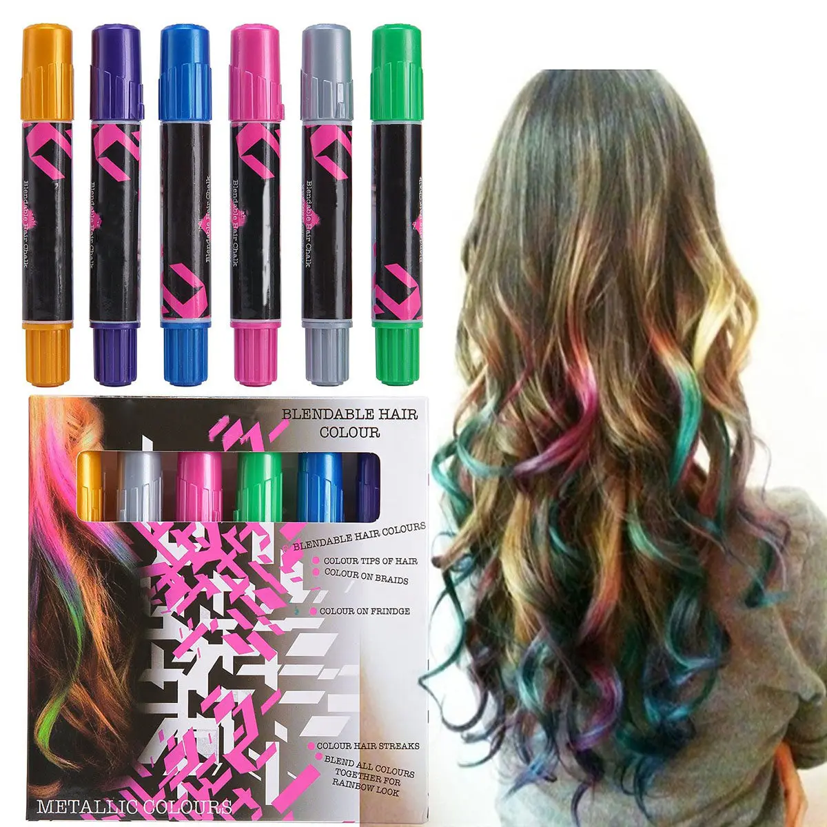 

6Pcs Metallic Glitter Hair Chalk Pack Temporary Washable Color Tool for Braiding Bangs Layered Looks Safe DIY Hair Coloring