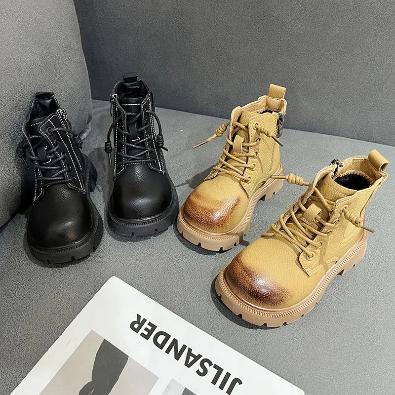 2024 Spring Autumn Ankle Boots Light Platform Shoes Handsome Boys Girls British Style Non-Slip Lacing Soft Short Leather Boots