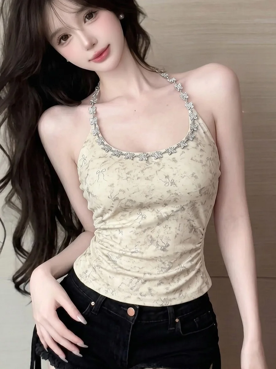 

Unique Black Chain Strapless Crop Top Women's Fashionable Sexy Backless Slim Fit Vest Neck Hanging Design U-Neckline
