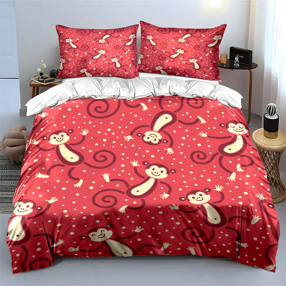 Cartoon monkeys pink background Bedding Set for Kids Luxury Gift 3pcs Digital Print Comforter Set Soft Comfortable Breathable