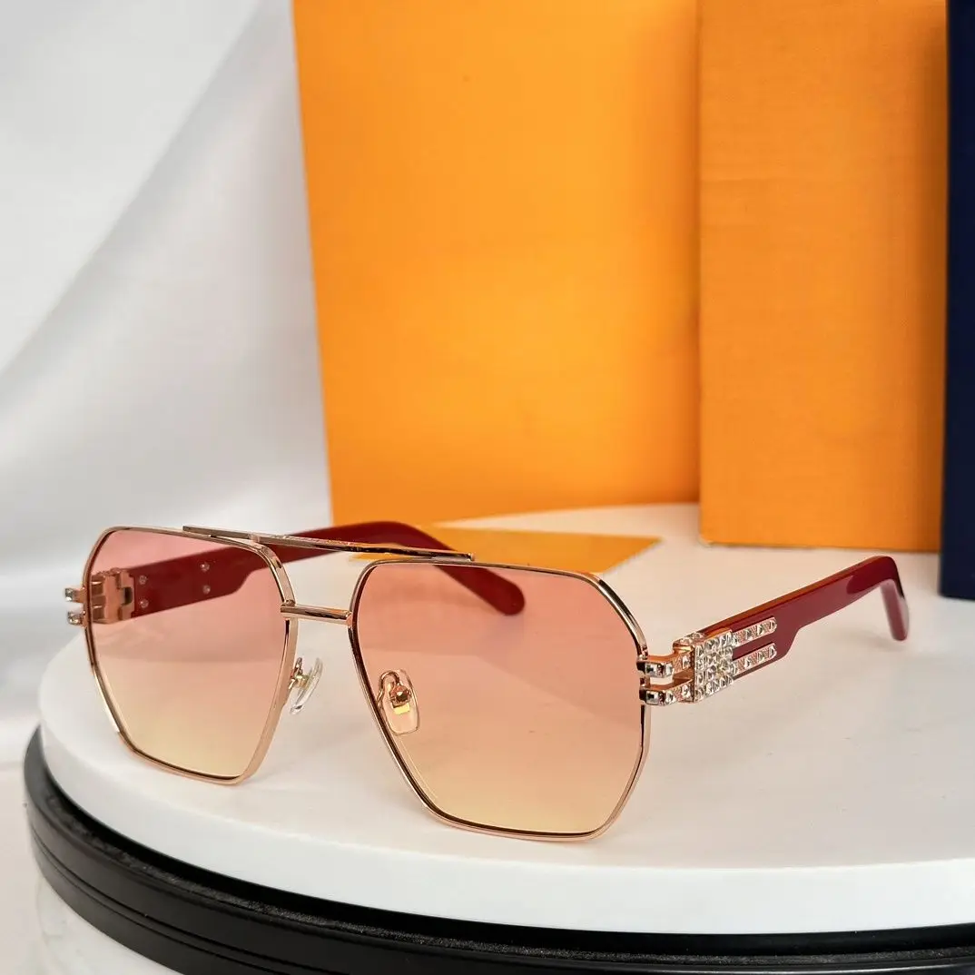 

Rose Gold Metal Double-Bridge Sunglasses with Diamond Accents & Pink-Orange Gradient Lenses, Red Acetate Temples, Glam Luxury Ey