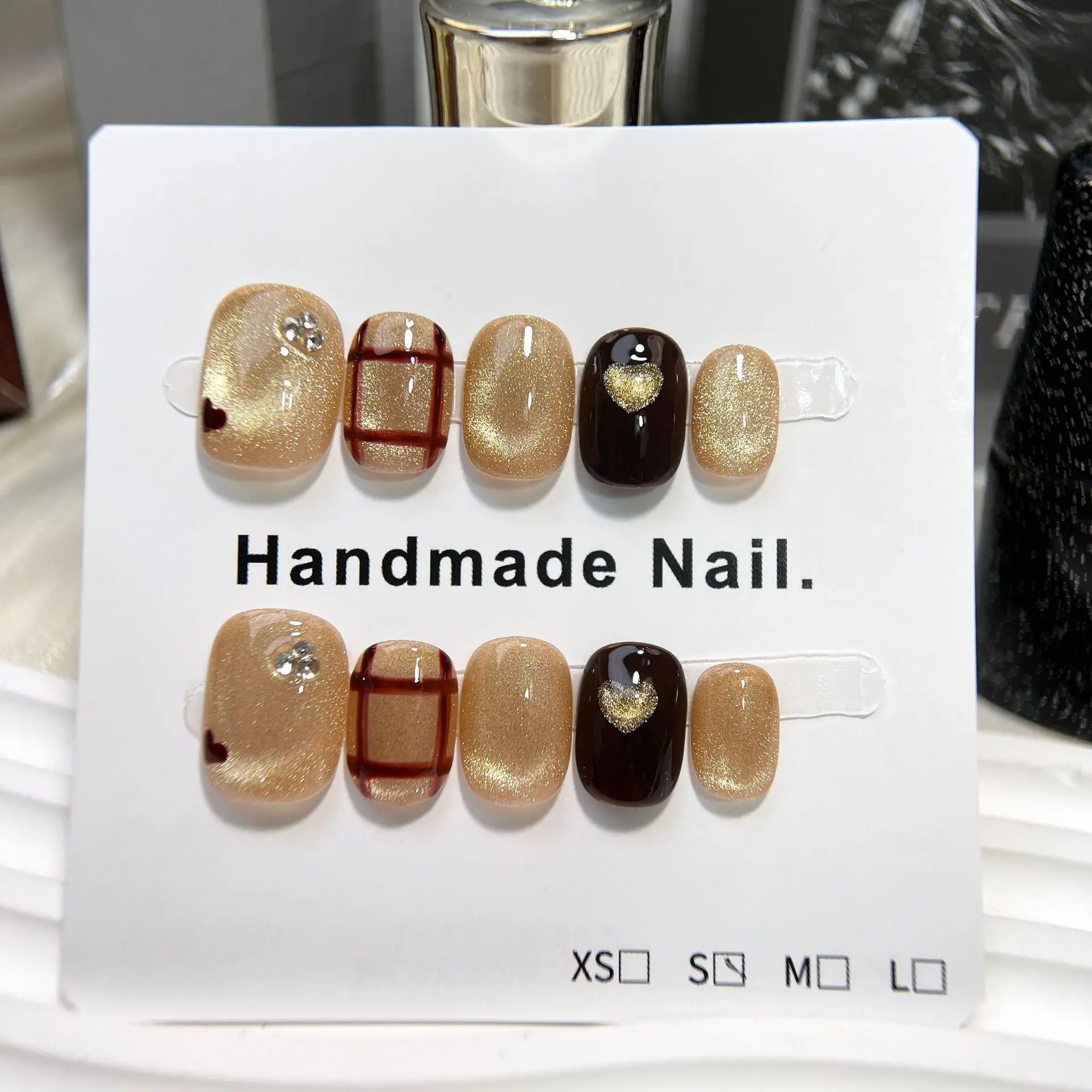 

10pcs Handmade Press on Nails Heart-Shaped Cat's Eye Checkered Ballet Full Coverage Nail for Women&Girl Removable Wearable Nail