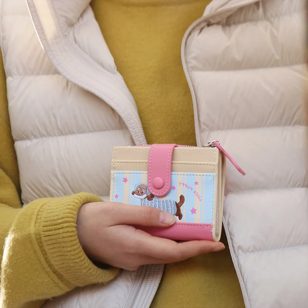 Sweet Dopamine Color Dachshund Embroidery Coin Purse Zipper Card Bag Cartoon Pu Wallet Pouch Ins Small Item Bag Travel
