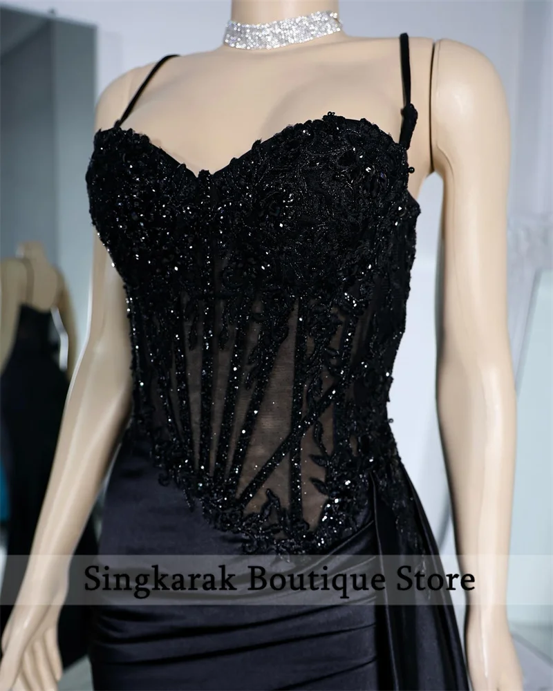 Luxury Black Mermaid Prom Dresses Strap Side Slit Lace Appliques Beads Evening Gowns Gala Party Wedding Reception Bridemaid