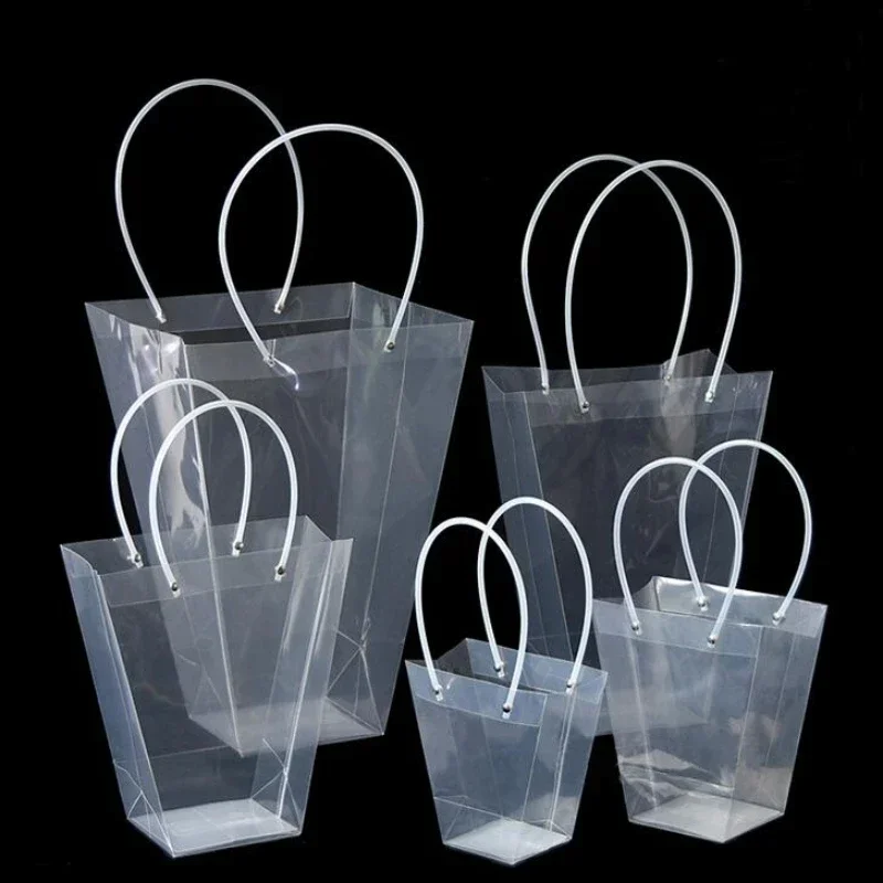 10 Pcs Square PP Transparent Flower Bag Trapezoidal Plastic Foldable Handbag Portable Packaging Bags for Holiday Bouquet Gifts